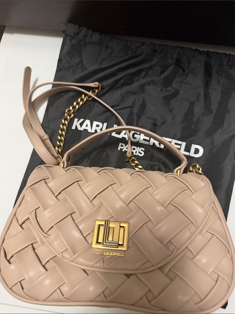 Karl Lagerfeld Woven Leather Shoulder Bag in Beige